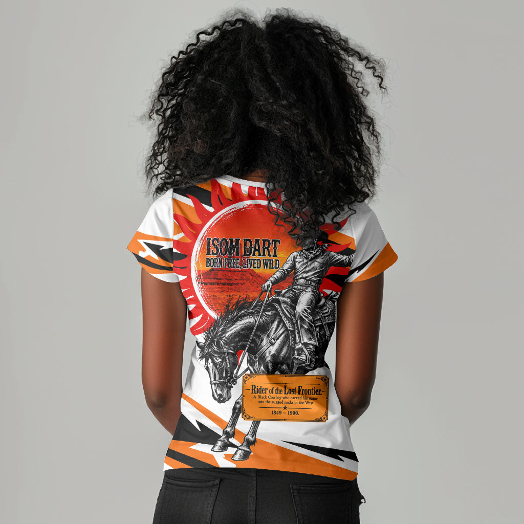 Isom Dart Black Cowboy Rider Of The Lost Frontier Women V-Neck T-Shirt Vintage Western Outlaw Graphic Illustration Wild West Legend