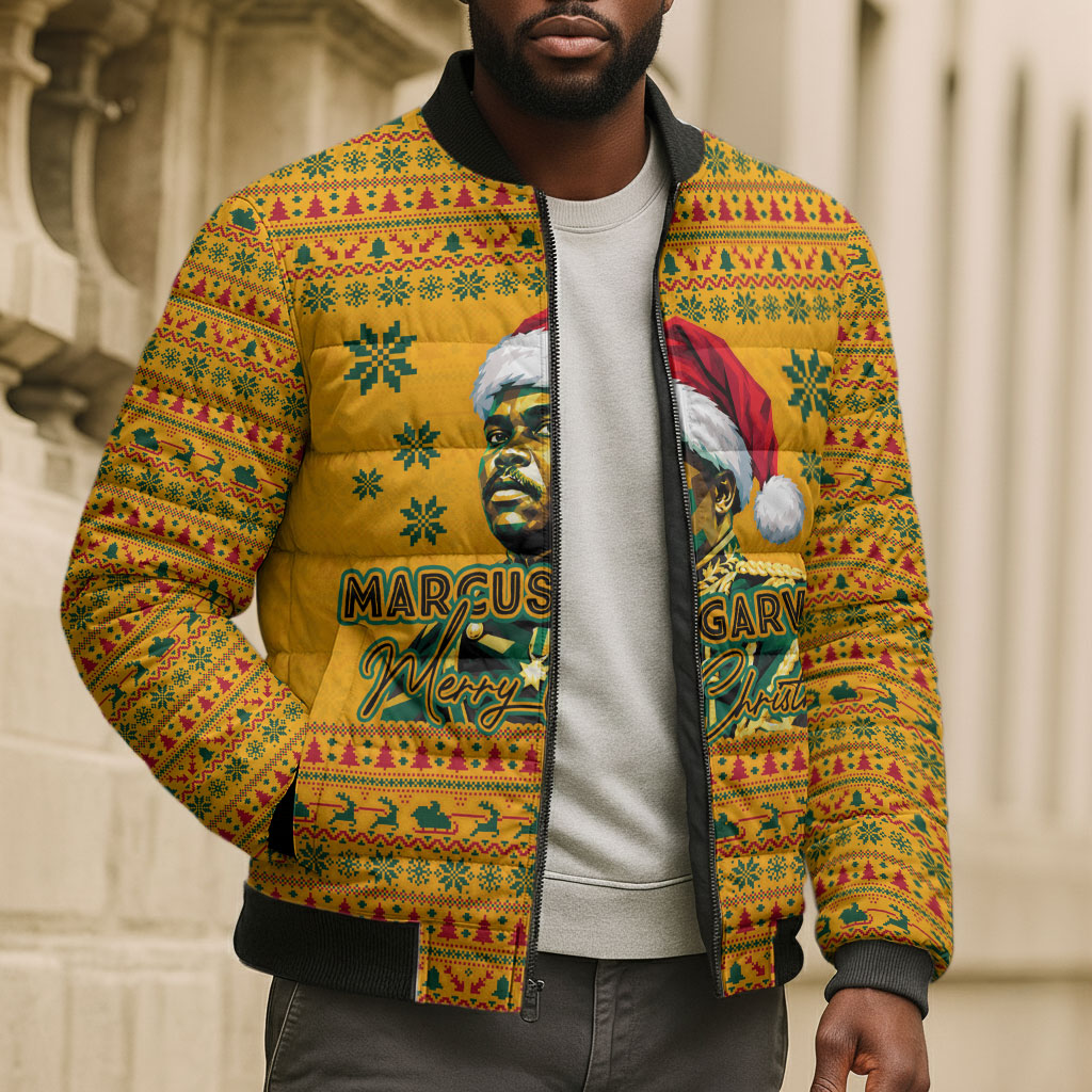 Marcus Garvey Christmas Bomber Puffer Jacket Inspirational History Quote Ugly Knitted Pattern Festive
