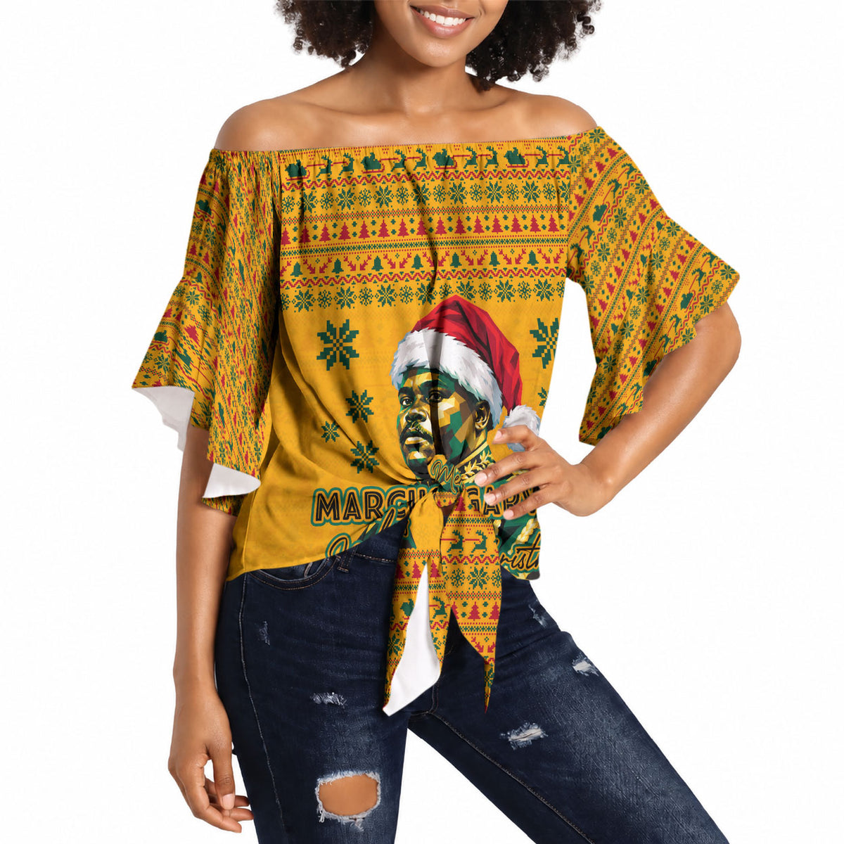 Marcus Garvey Christmas Off Shoulder Wrap Waist Top Inspirational History Quote Ugly Knitted Pattern Festive