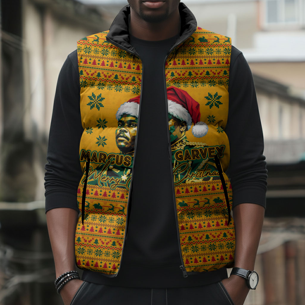 Marcus Garvey Christmas Sleeveless Puffer Jacket Inspirational History Quote Ugly Knitted Pattern Festive