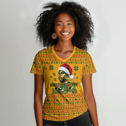 Marcus Garvey Christmas Women V-Neck T-Shirt Inspirational History Quote Ugly Knitted Pattern Festive