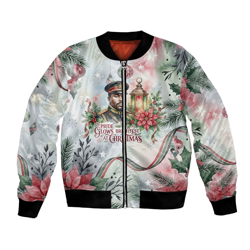 Marcus Garvey Christmas Bomber Jacket Pride Glows Brightest Quote Watercolor Botanical Poinsettia