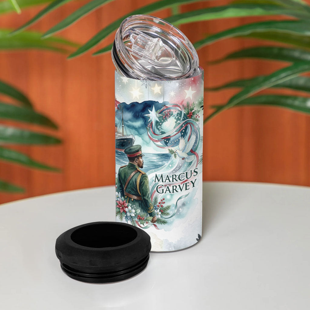Marcus Garvey Christmas 4 in 1 Can Cooler Tumbler Pride Glows Brightest Quote Watercolor Botanical Poinsettia
