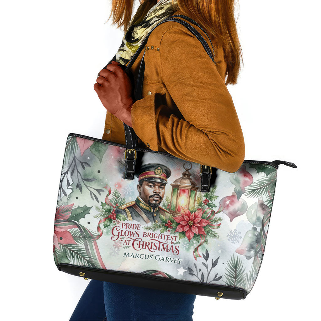 Marcus Garvey Christmas Leather Tote Bag Pride Glows Brightest Quote Watercolor Botanical Poinsettia