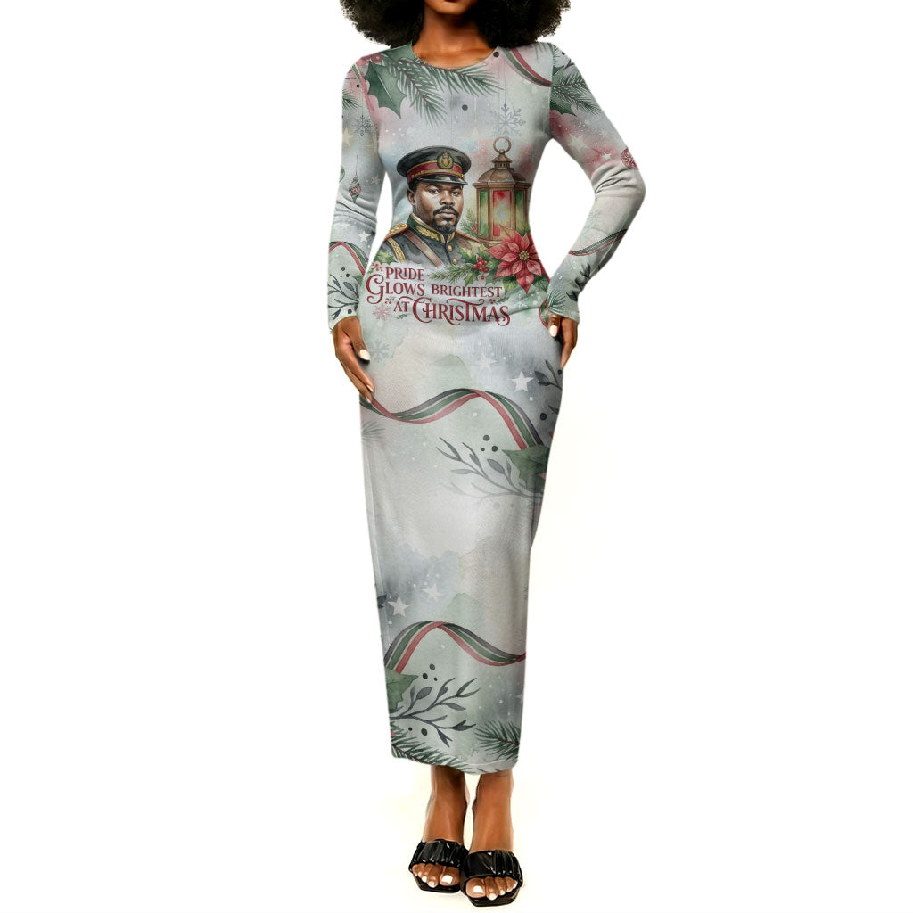Marcus Garvey Christmas Long Sleeve Bodycon Dress Pride Glows Brightest Quote Watercolor Botanical Poinsettia