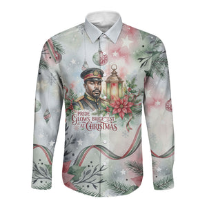 Marcus Garvey Christmas Long Sleeve Button Shirt Pride Glows Brightest Quote Watercolor Botanical Poinsettia