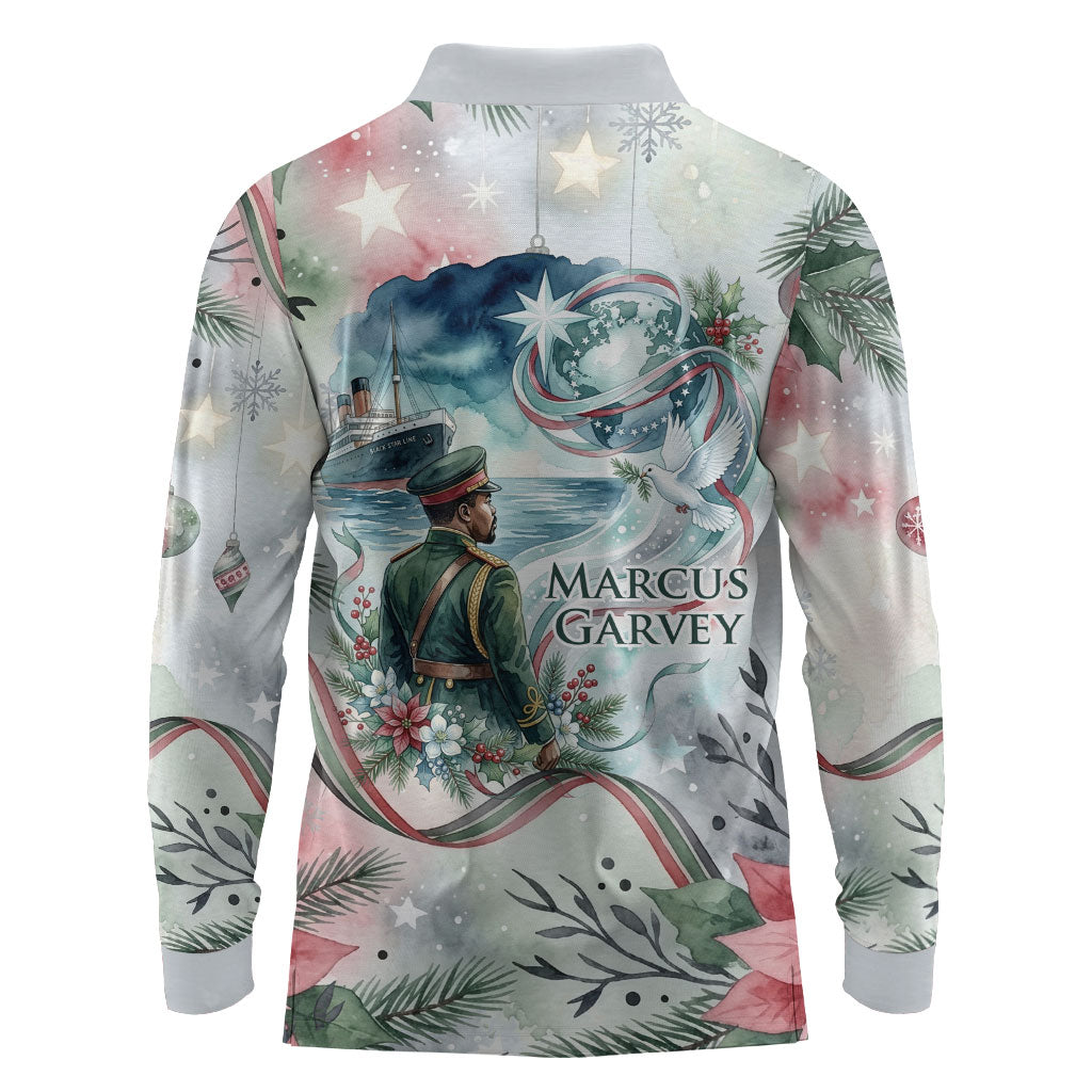 Marcus Garvey Christmas Long Sleeve Polo Shirt Pride Glows Brightest Quote Watercolor Botanical Poinsettia