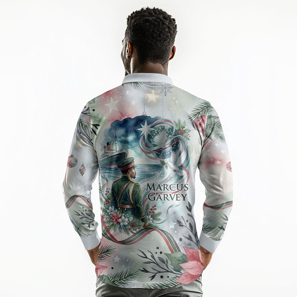 Marcus Garvey Christmas Long Sleeve Polo Shirt Pride Glows Brightest Quote Watercolor Botanical Poinsettia