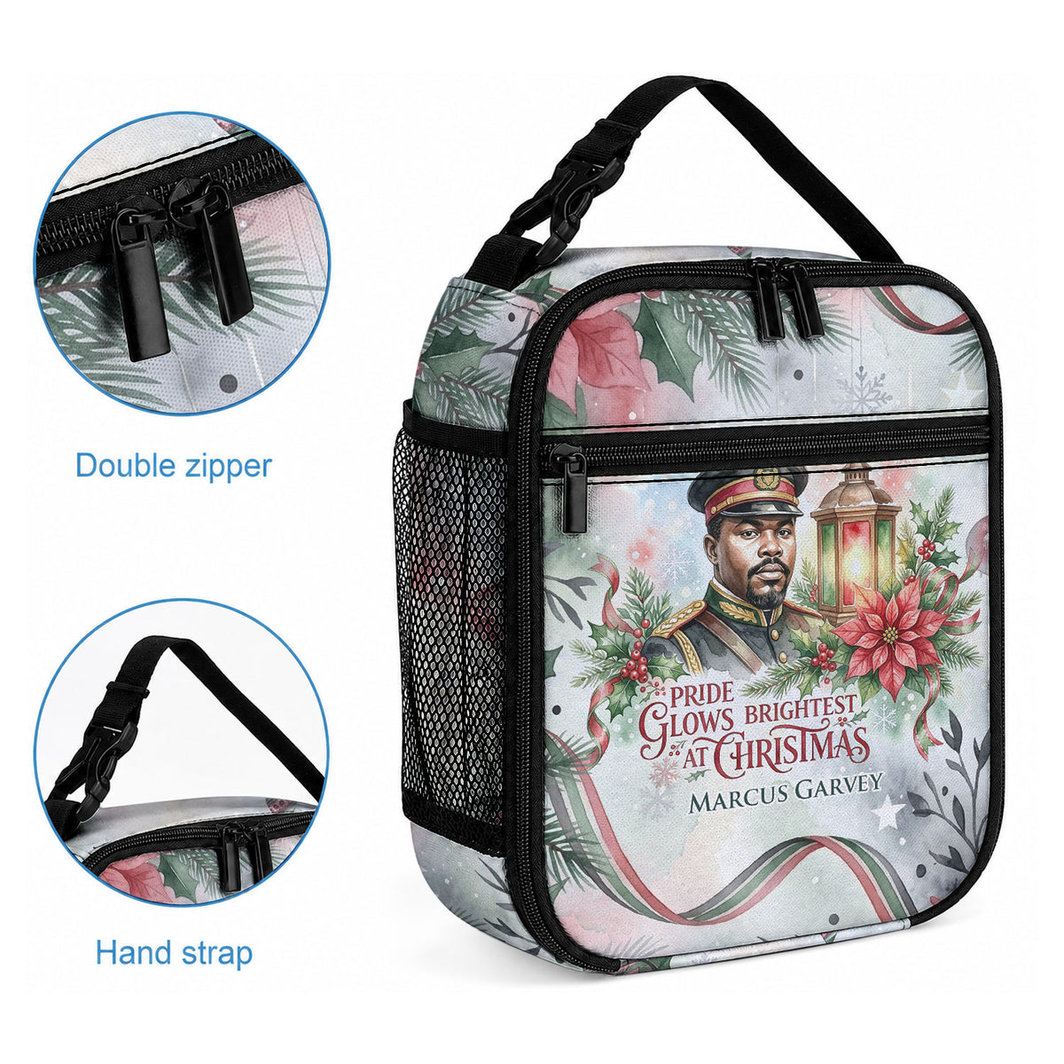 Marcus Garvey Christmas Lunch Bag Pride Glows Brightest Quote Watercolor Botanical Poinsettia