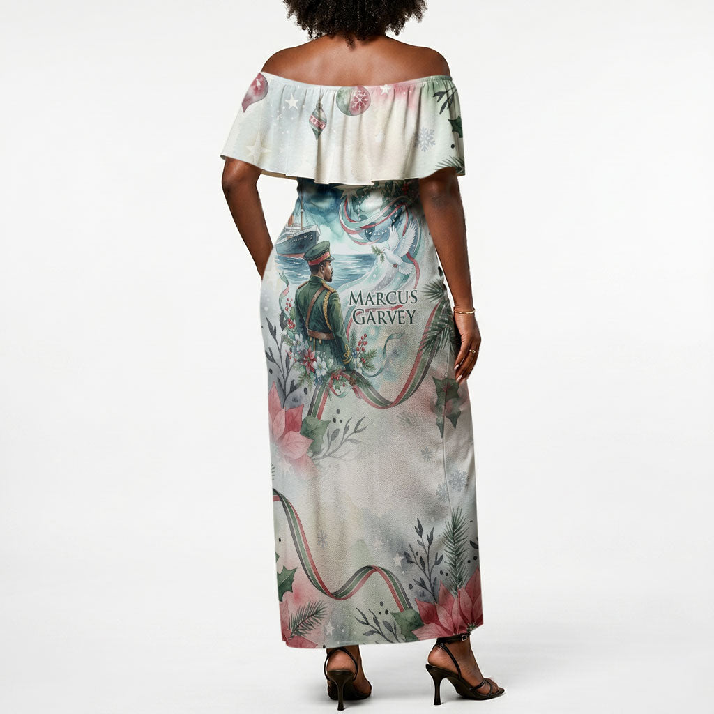 Marcus Garvey Christmas Off Shoulder Maxi Dress Pride Glows Brightest Quote Watercolor Botanical Poinsettia