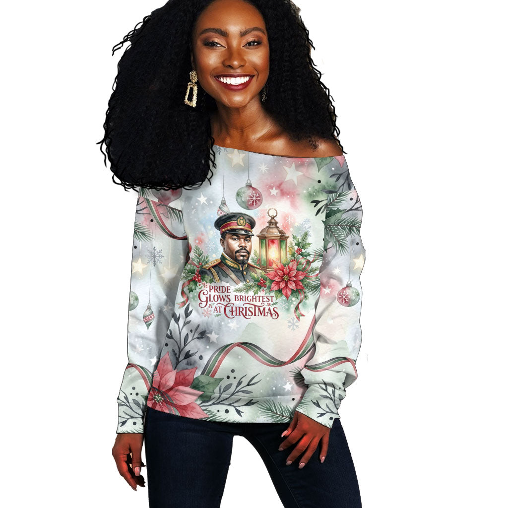 Marcus Garvey Christmas Off Shoulder Sweater Pride Glows Brightest Quote Watercolor Botanical Poinsettia