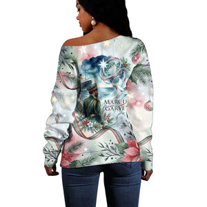 Marcus Garvey Christmas Off Shoulder Sweater Pride Glows Brightest Quote Watercolor Botanical Poinsettia