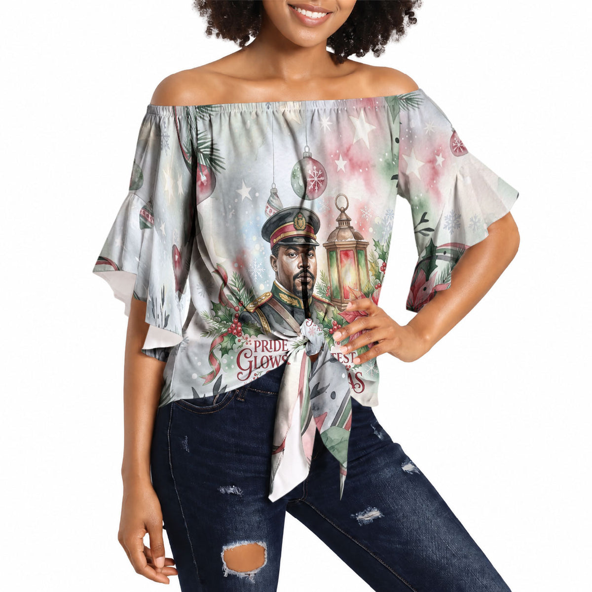 Marcus Garvey Christmas Off Shoulder Wrap Waist Top Pride Glows Brightest Quote Watercolor Botanical Poinsettia