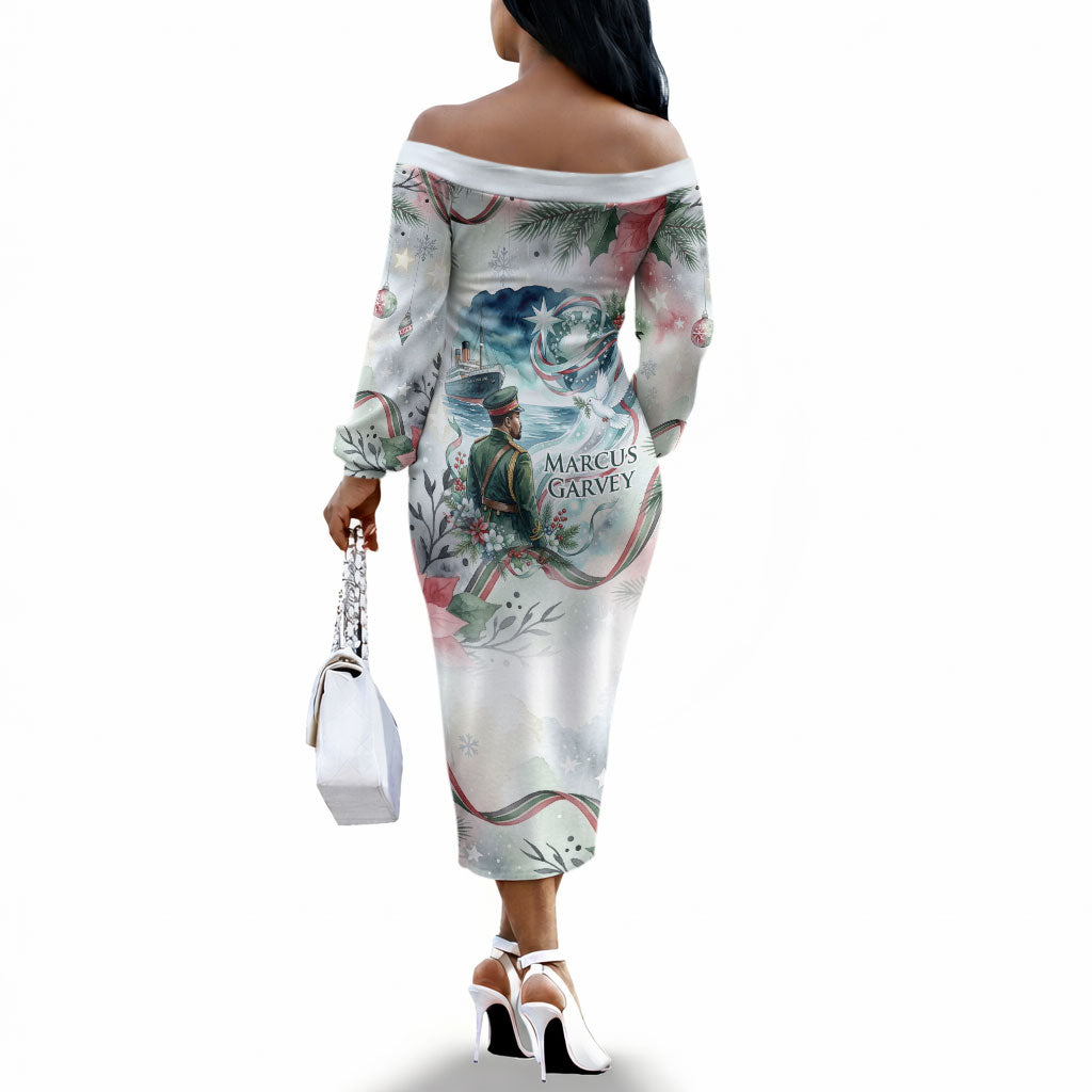 Marcus Garvey Christmas Off The Shoulder Long Sleeve Dress Pride Glows Brightest Quote Watercolor Botanical Poinsettia