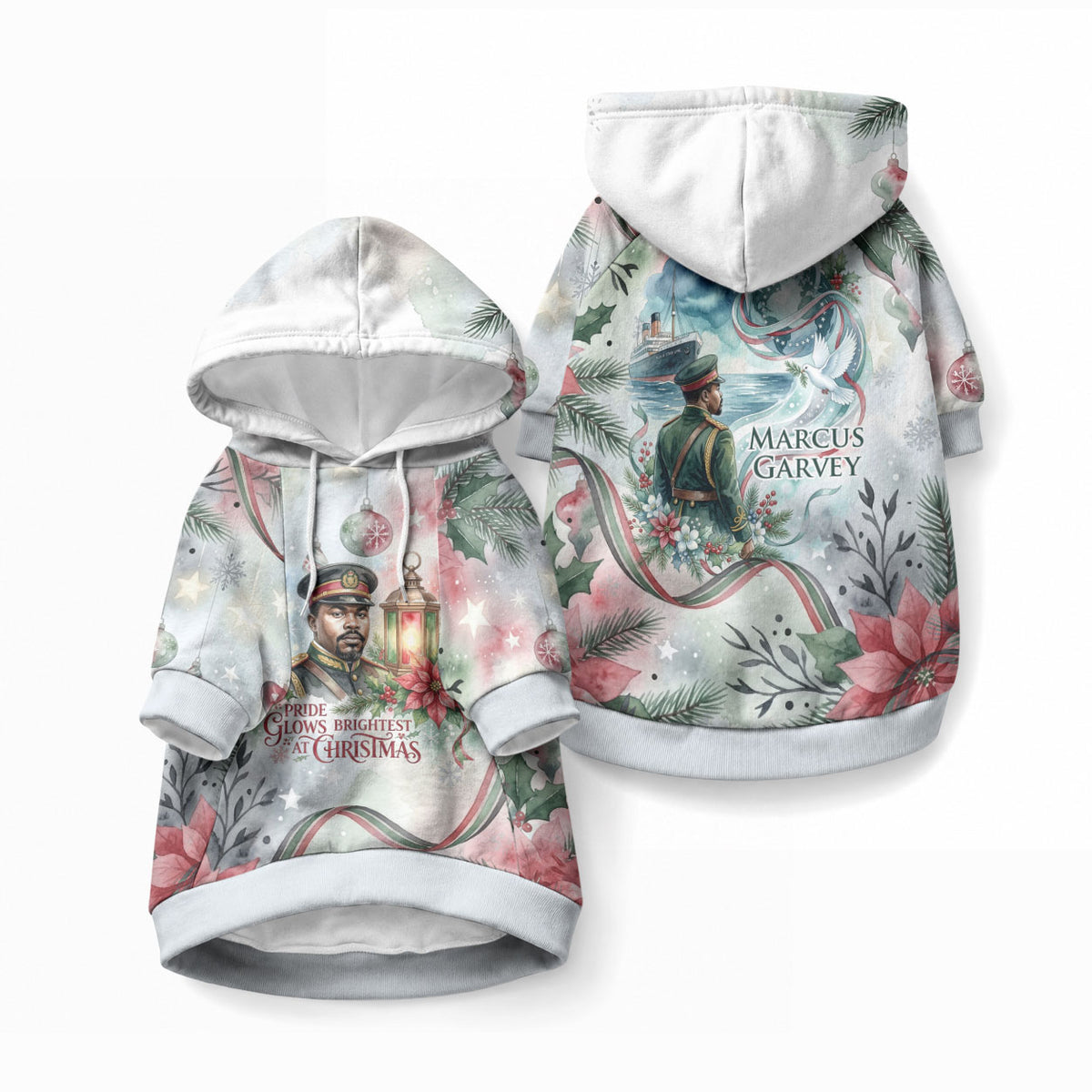 Marcus Garvey Christmas Pet Hoodie Pride Glows Brightest Quote Watercolor Botanical Poinsettia