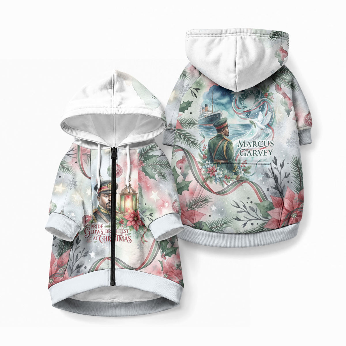 Marcus Garvey Christmas Pet Hoodie Pride Glows Brightest Quote Watercolor Botanical Poinsettia