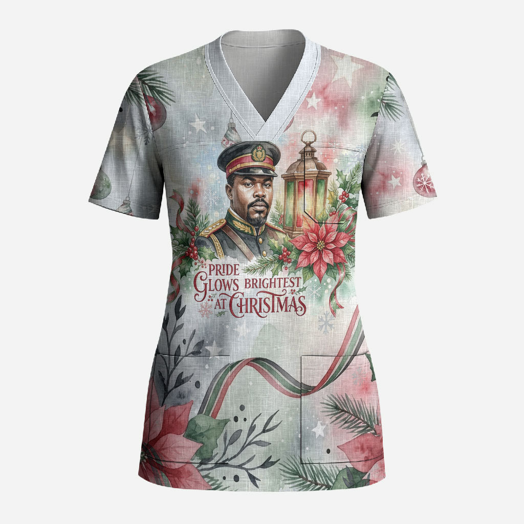 Marcus Garvey Christmas Scrub Top Pride Glows Brightest Quote Watercolor Botanical Poinsettia