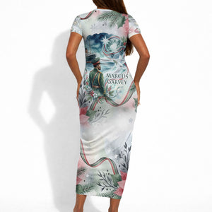 Marcus Garvey Christmas Short Sleeve Bodycon Dress Pride Glows Brightest Quote Watercolor Botanical Poinsettia