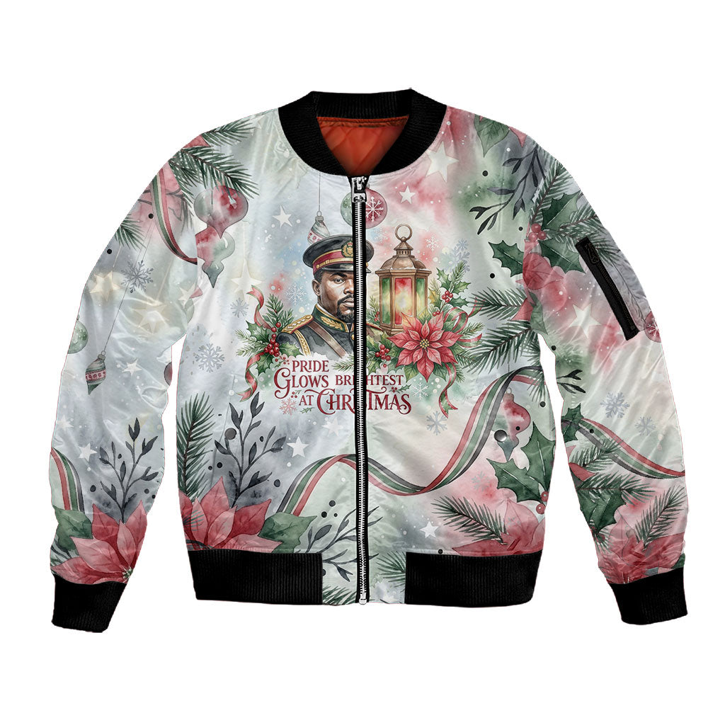 Marcus Garvey Christmas Sleeve Zip Bomber Jacket Pride Glows Brightest Quote Watercolor Botanical Poinsettia