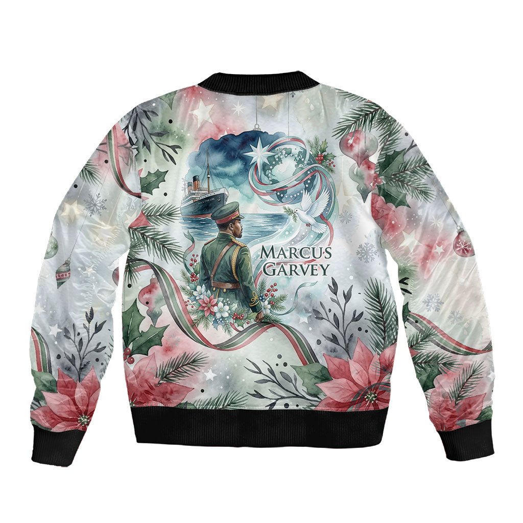 Marcus Garvey Christmas Sleeve Zip Bomber Jacket Pride Glows Brightest Quote Watercolor Botanical Poinsettia
