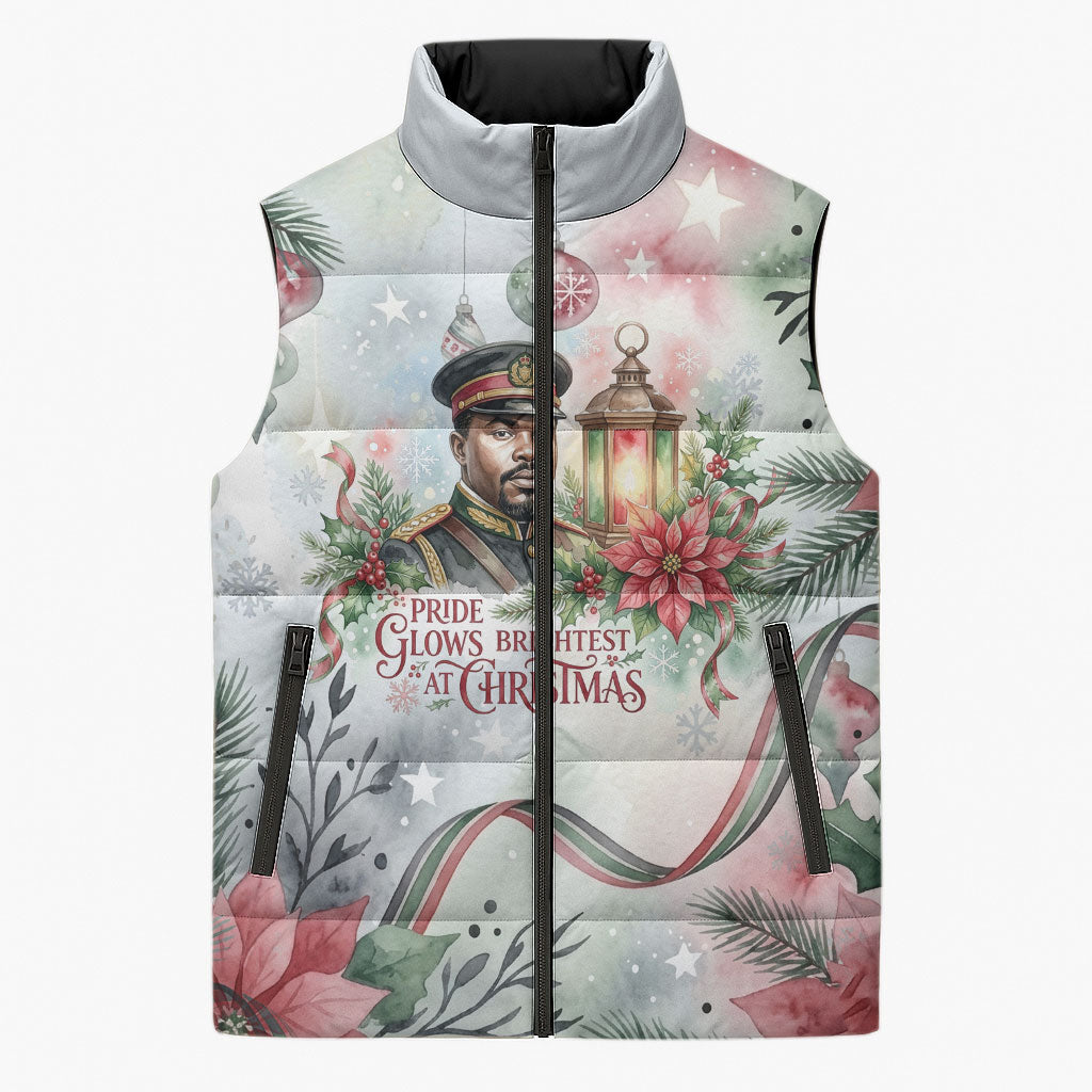 Marcus Garvey Christmas Sleeveless Puffer Jacket Pride Glows Brightest Quote Watercolor Botanical Poinsettia