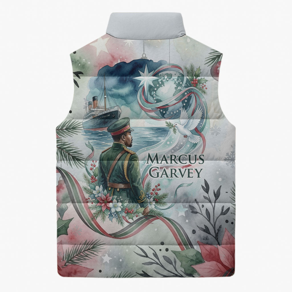 Marcus Garvey Christmas Sleeveless Puffer Jacket Pride Glows Brightest Quote Watercolor Botanical Poinsettia