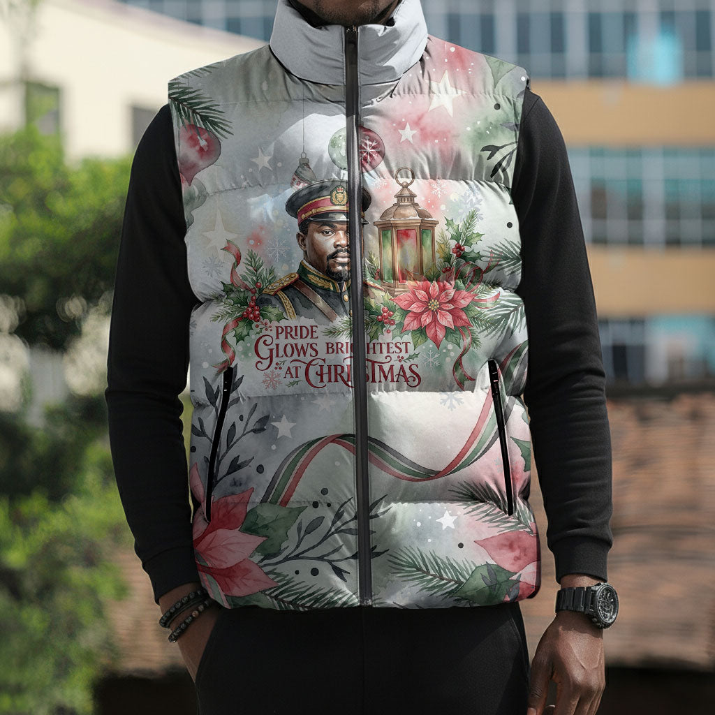 Marcus Garvey Christmas Sleeveless Puffer Jacket Pride Glows Brightest Quote Watercolor Botanical Poinsettia