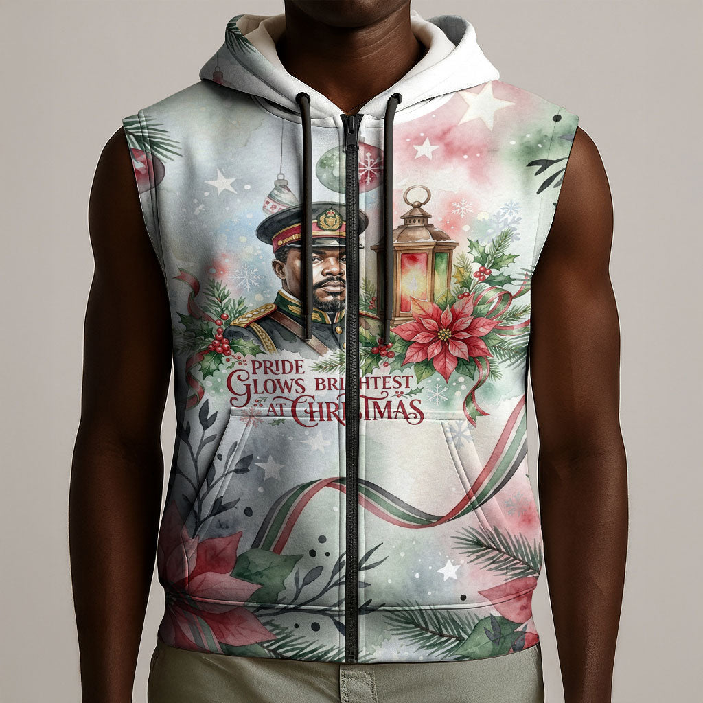 Marcus Garvey Christmas Sleeveless Zip Hoodie Pride Glows Brightest Quote Watercolor Botanical Poinsettia