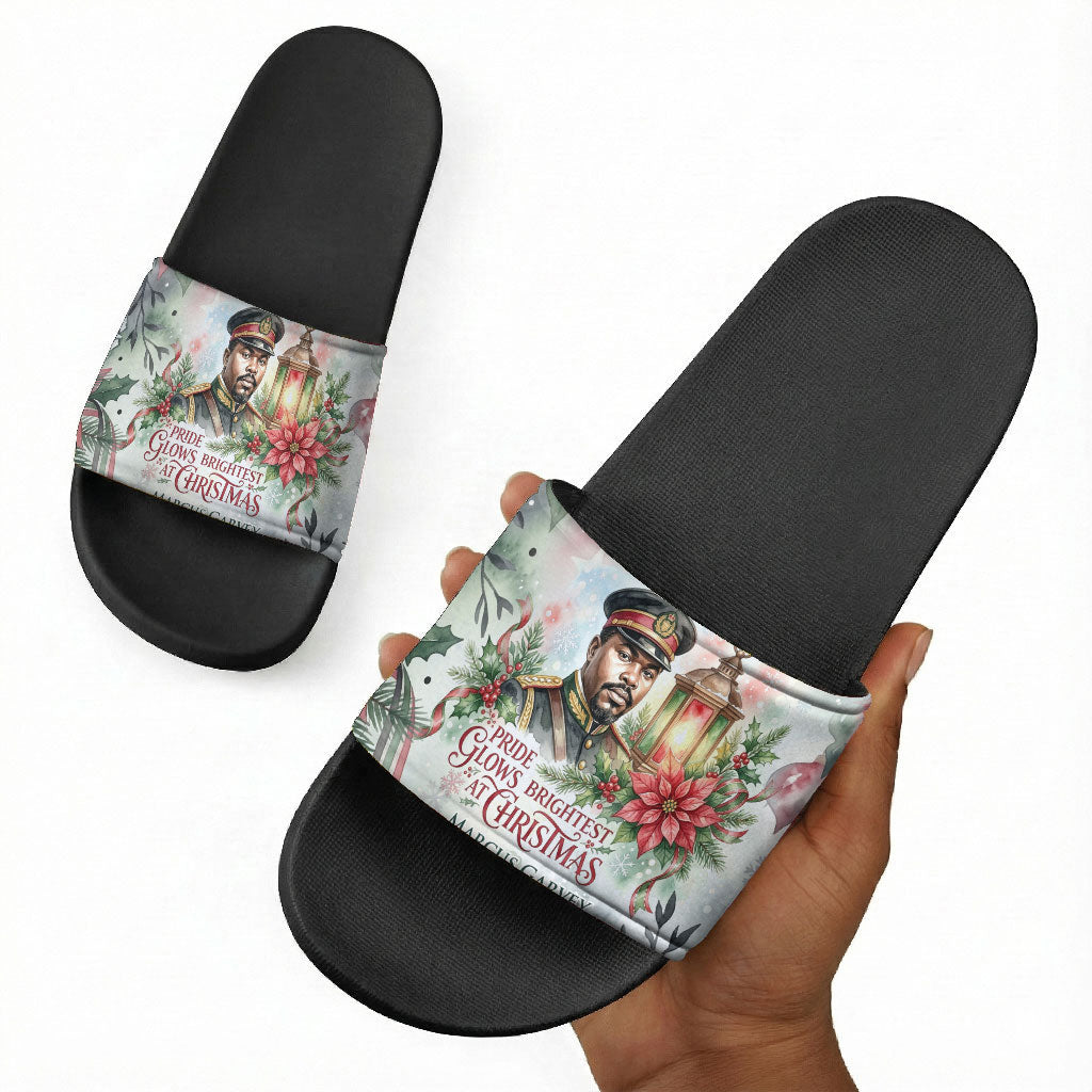 Marcus Garvey Christmas Slide Sandals Pride Glows Brightest Quote Watercolor Botanical Poinsettia