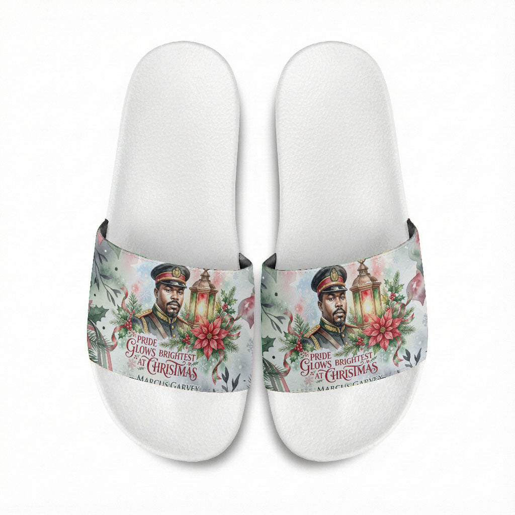 Marcus Garvey Christmas Slide Sandals Pride Glows Brightest Quote Watercolor Botanical Poinsettia