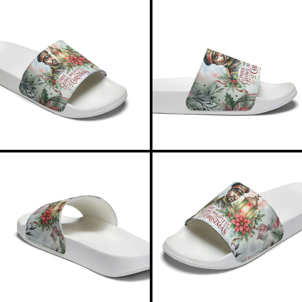 Marcus Garvey Christmas Slide Sandals Pride Glows Brightest Quote Watercolor Botanical Poinsettia