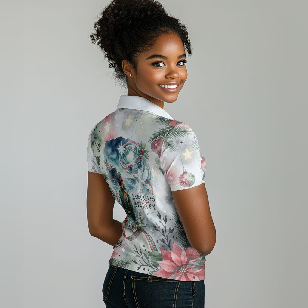 Marcus Garvey Christmas Women Polo Shirt Pride Glows Brightest Quote Watercolor Botanical Poinsettia
