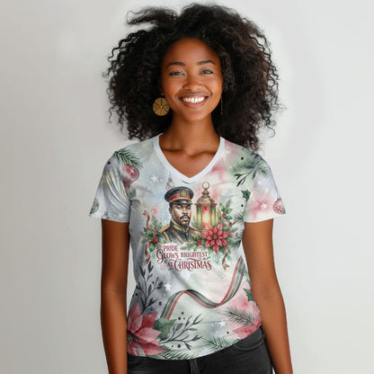 Marcus Garvey Christmas Women V-Neck T-Shirt Pride Glows Brightest Quote Watercolor Botanical Poinsettia