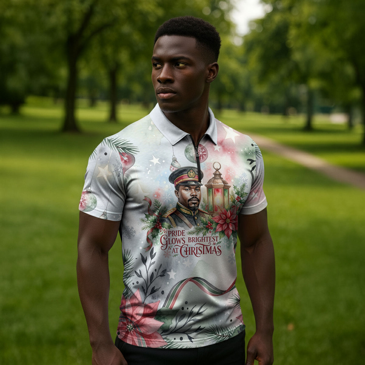Marcus Garvey Christmas Zipper Polo Shirt Pride Glows Brightest Quote Watercolor Botanical Poinsettia