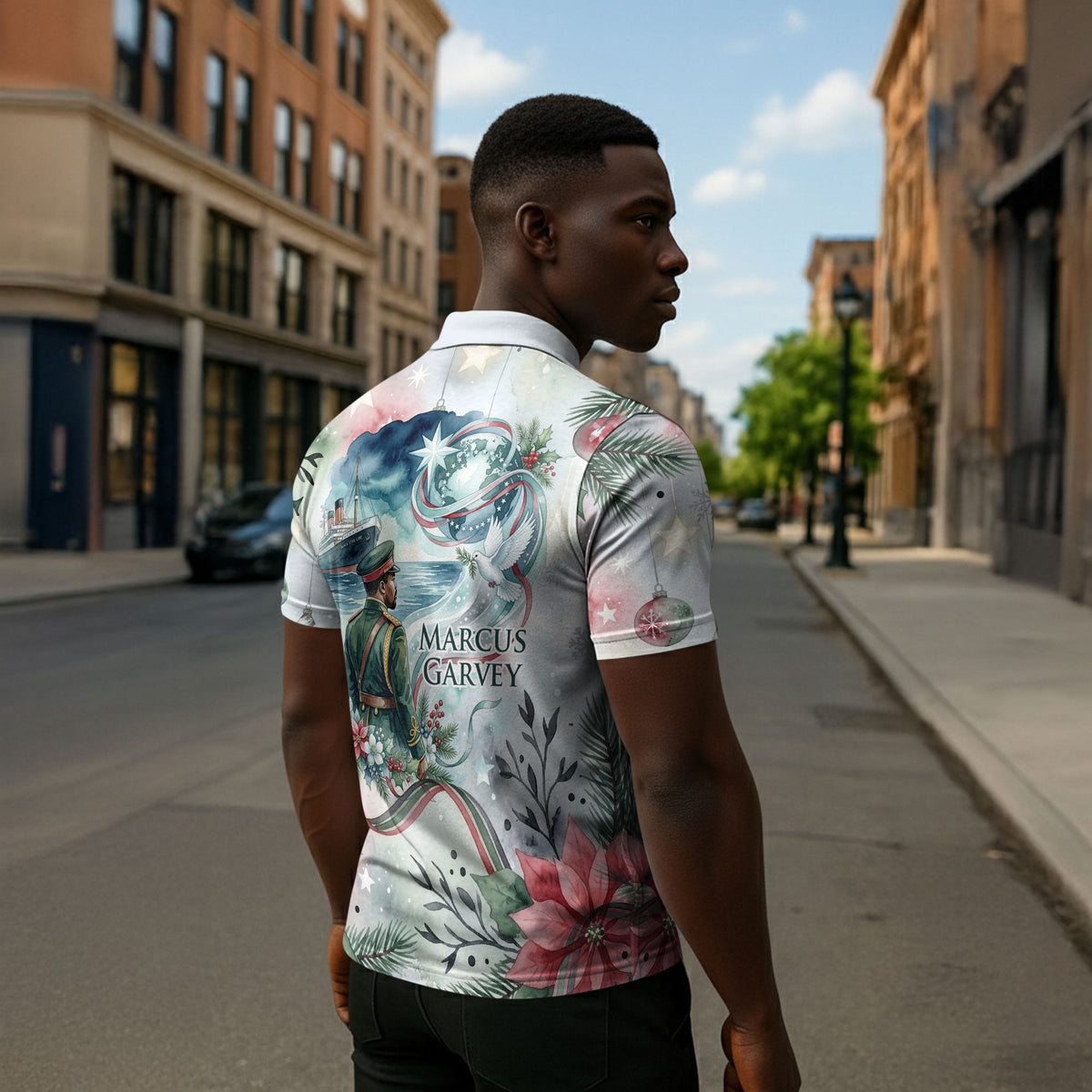 Marcus Garvey Christmas Zipper Polo Shirt Pride Glows Brightest Quote Watercolor Botanical Poinsettia