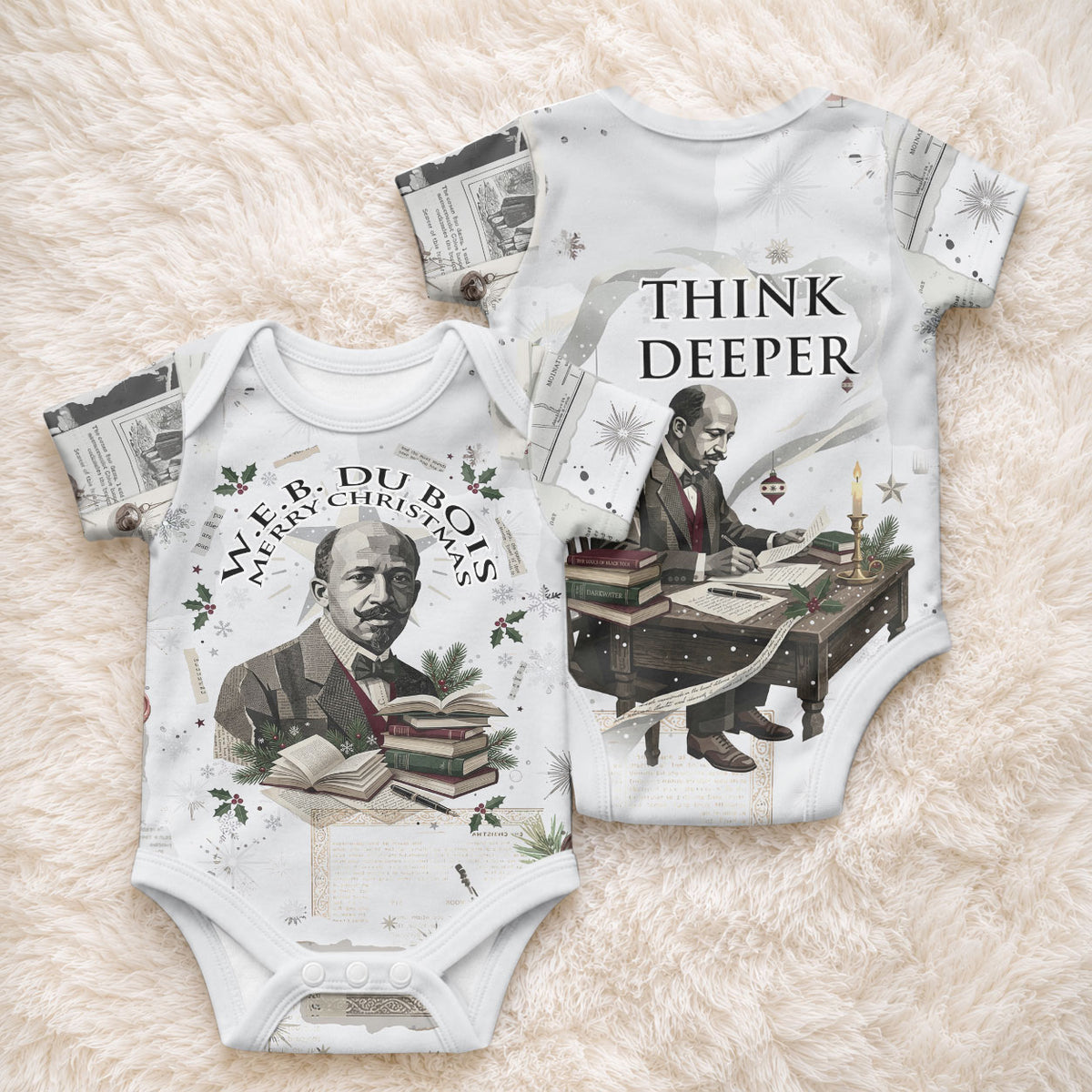W.E.B. Du Bois Christmas Baby Onesie Think Deeper Quote Vintage Portrait Newspaper Collage Festive