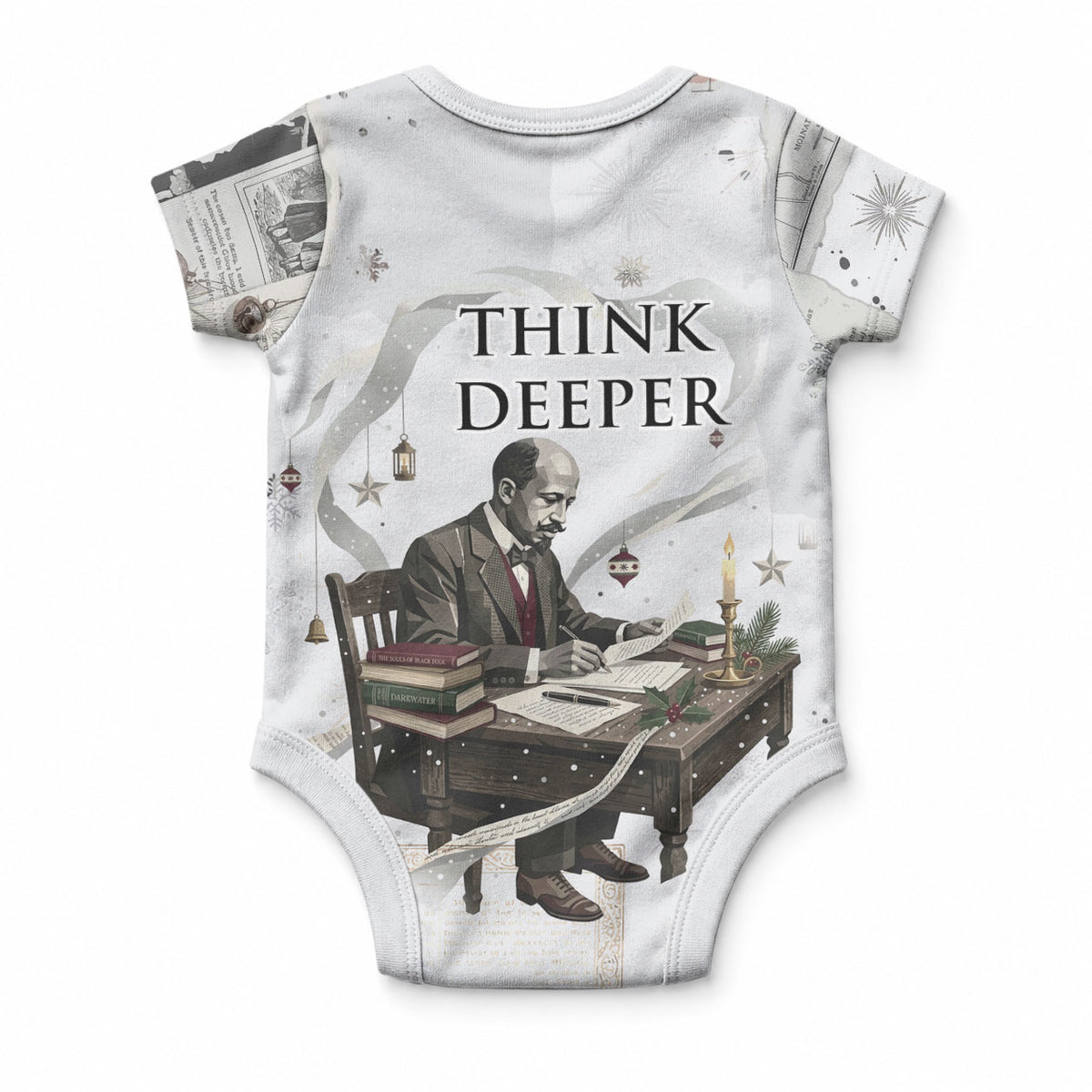W.E.B. Du Bois Christmas Baby Onesie Think Deeper Quote Vintage Portrait Newspaper Collage Festive