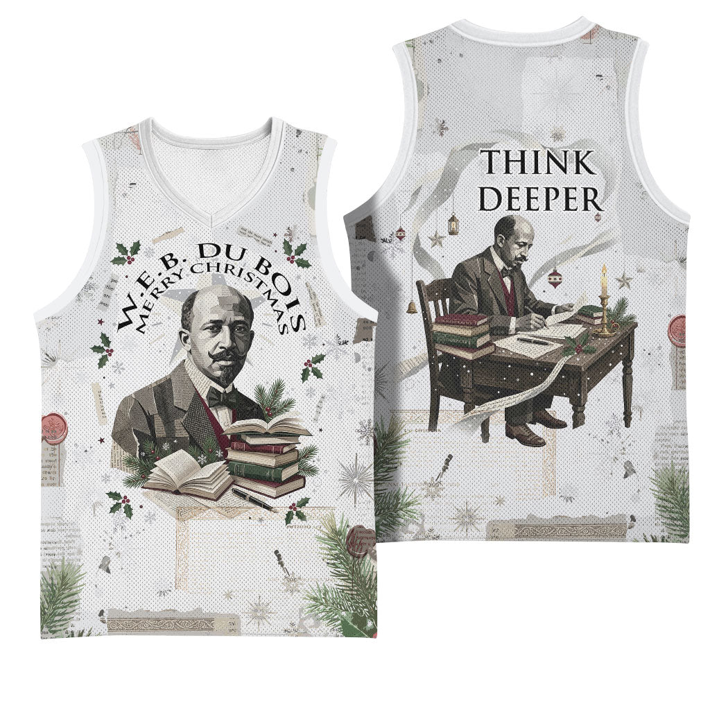 W.E.B. Du Bois Christmas Basketball Jersey Think Deeper Quote Vintage Portrait Newspaper Collage Festive