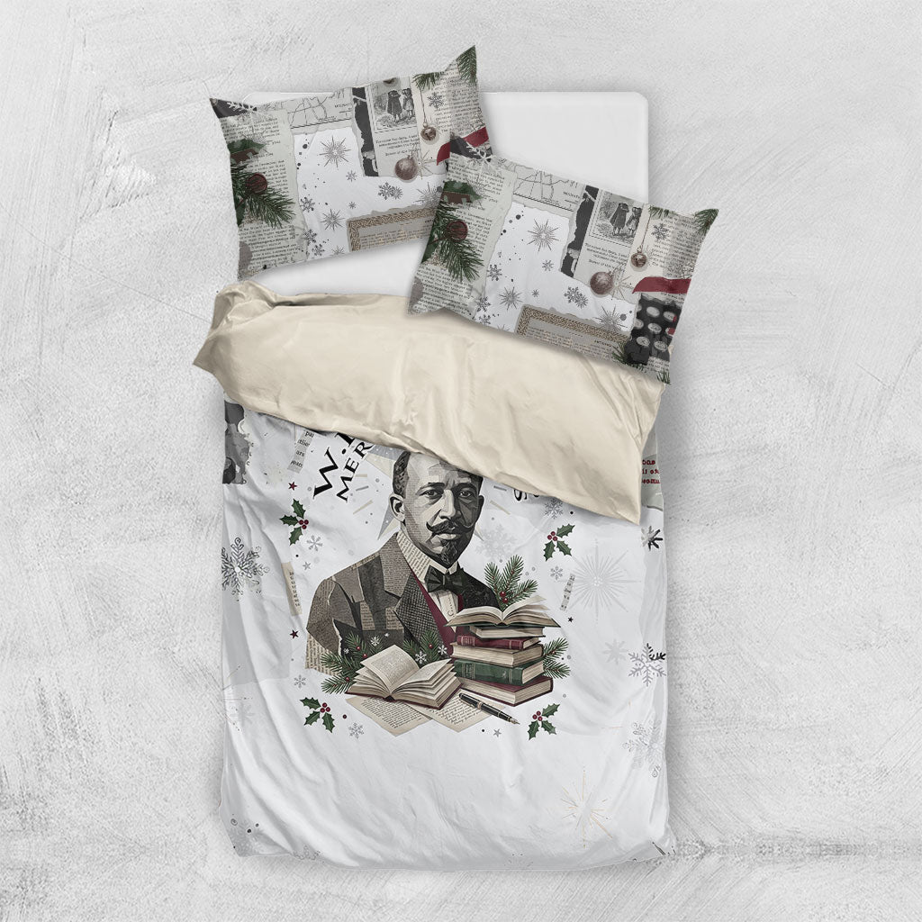 W.E.B. Du Bois Christmas Bedding Set Think Deeper Quote Vintage Portrait Newspaper Collage Festive