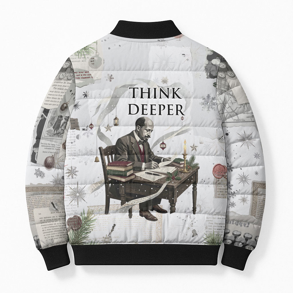 W.E.B. Du Bois Christmas Bomber Puffer Jacket Think Deeper Quote Vintage Portrait Newspaper Collage Festive