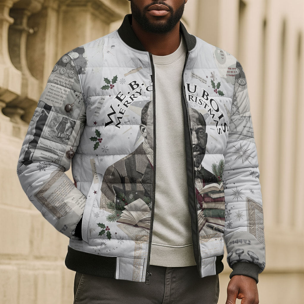 W.E.B. Du Bois Christmas Bomber Puffer Jacket Think Deeper Quote Vintage Portrait Newspaper Collage Festive