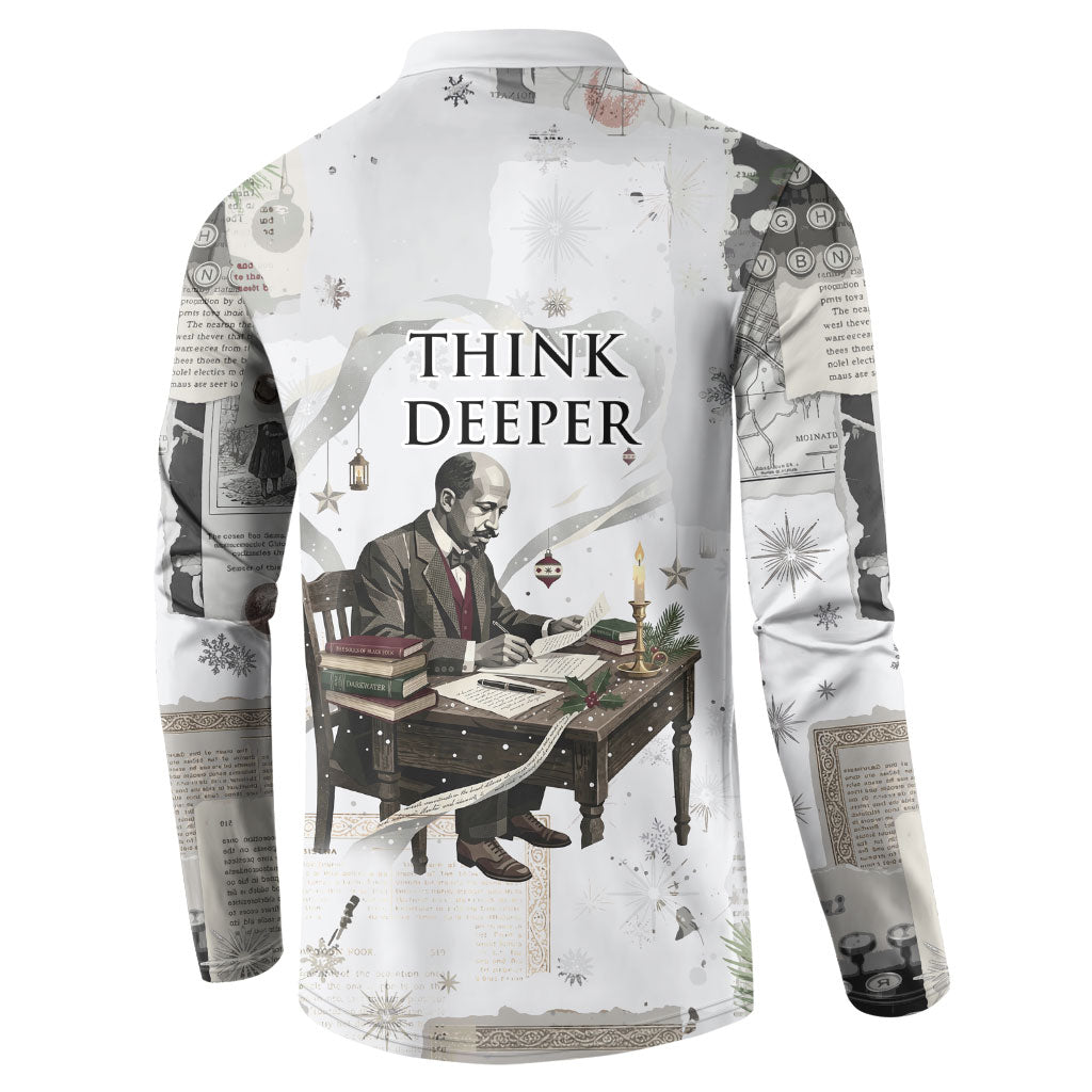W.E.B. Du Bois Christmas Button Sweatshirt Think Deeper Quote Vintage Portrait Newspaper Collage Festive