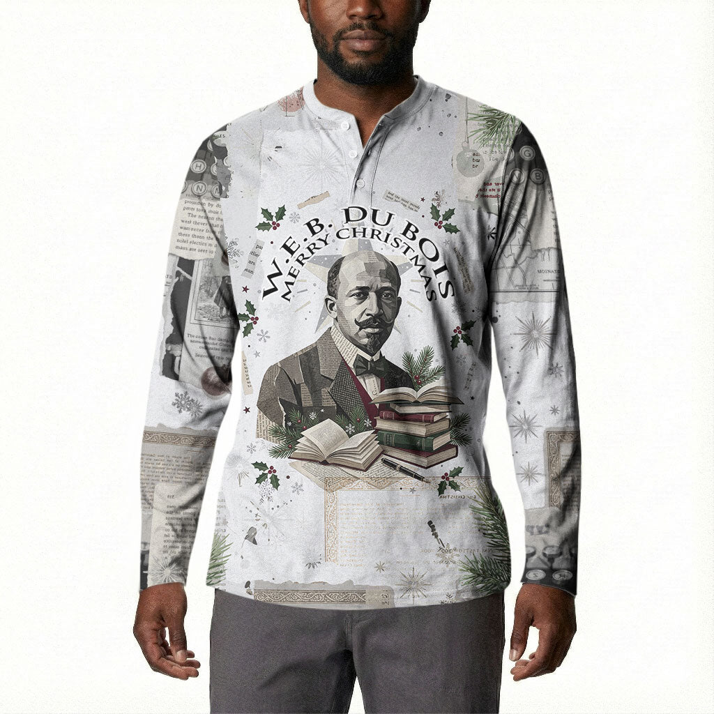 W.E.B. Du Bois Christmas Button Sweatshirt Think Deeper Quote Vintage Portrait Newspaper Collage Festive