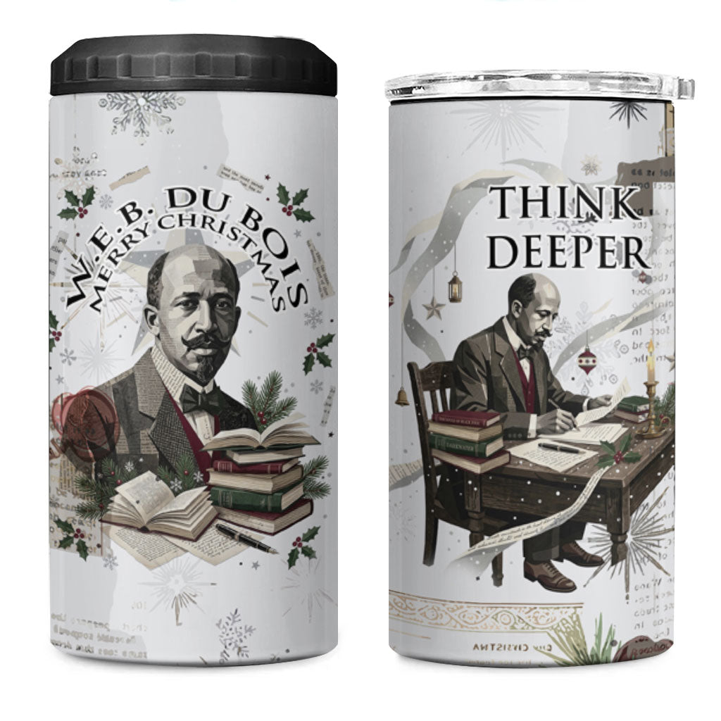 W.E.B. Du Bois Christmas 4 in 1 Can Cooler Tumbler Think Deeper Quote Vintage Portrait Newspaper Collage Festive