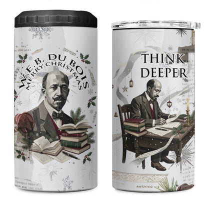 W.E.B. Du Bois Christmas 4 in 1 Can Cooler Tumbler Think Deeper Quote Vintage Portrait Newspaper Collage Festive