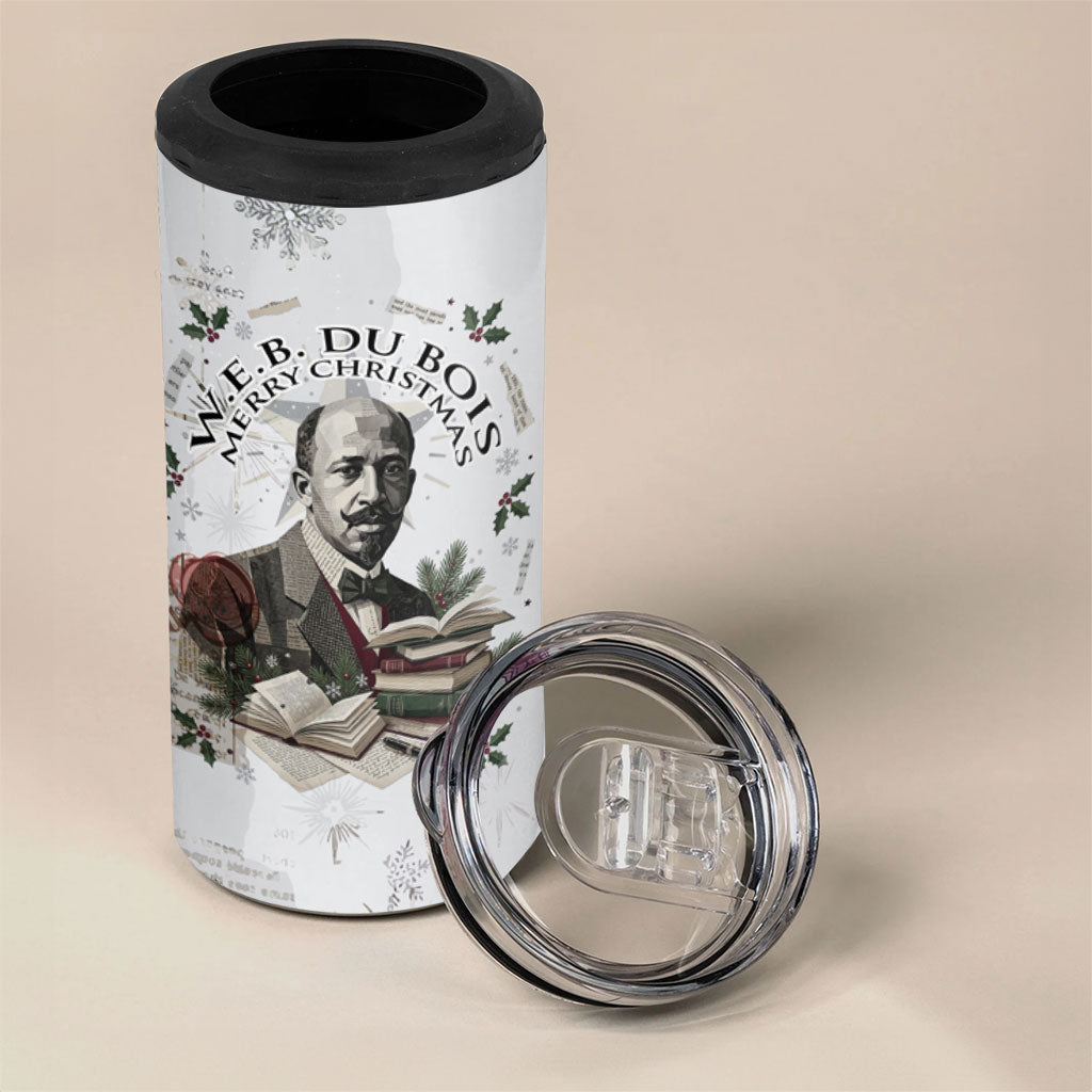 W.E.B. Du Bois Christmas 4 in 1 Can Cooler Tumbler Think Deeper Quote Vintage Portrait Newspaper Collage Festive