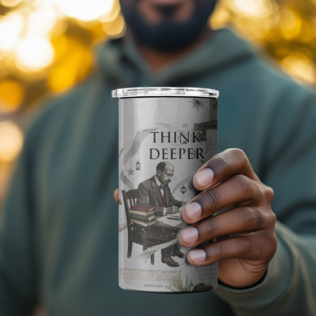 W.E.B. Du Bois Christmas 4 in 1 Can Cooler Tumbler Think Deeper Quote Vintage Portrait Newspaper Collage Festive