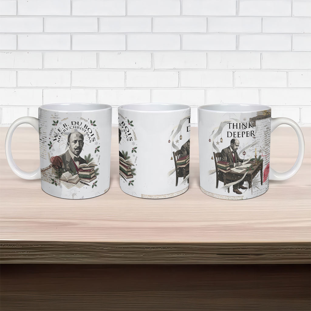 W.E.B. Du Bois Christmas Ceramic Mug Think Deeper Quote Vintage Portrait Newspaper Collage Festive