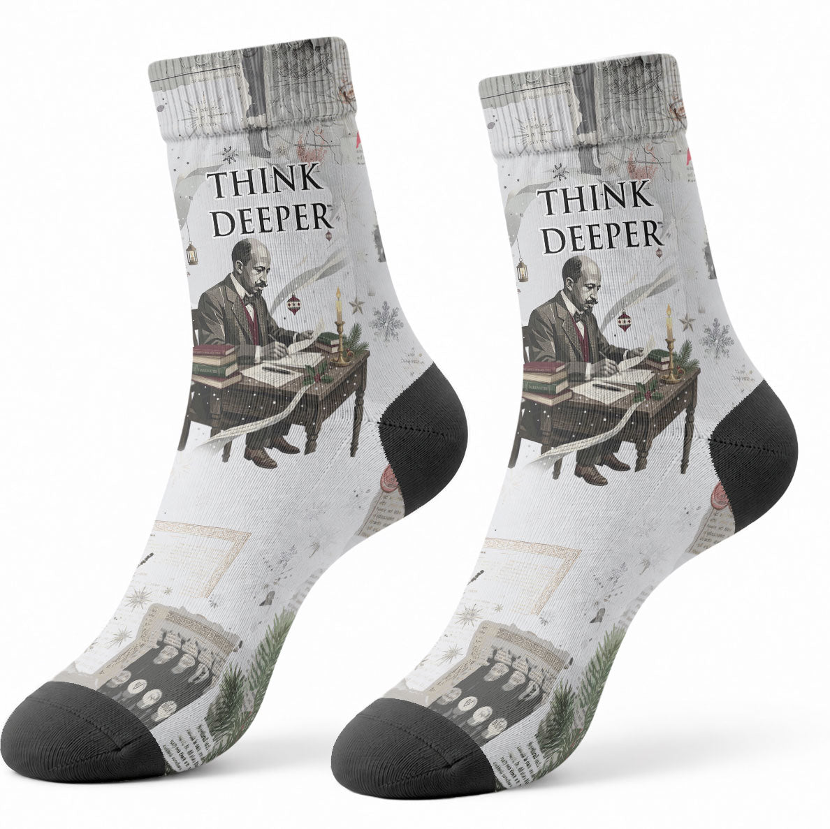 W.E.B. Du Bois Christmas Crew Socks Think Deeper Quote Vintage Portrait Newspaper Collage Festive