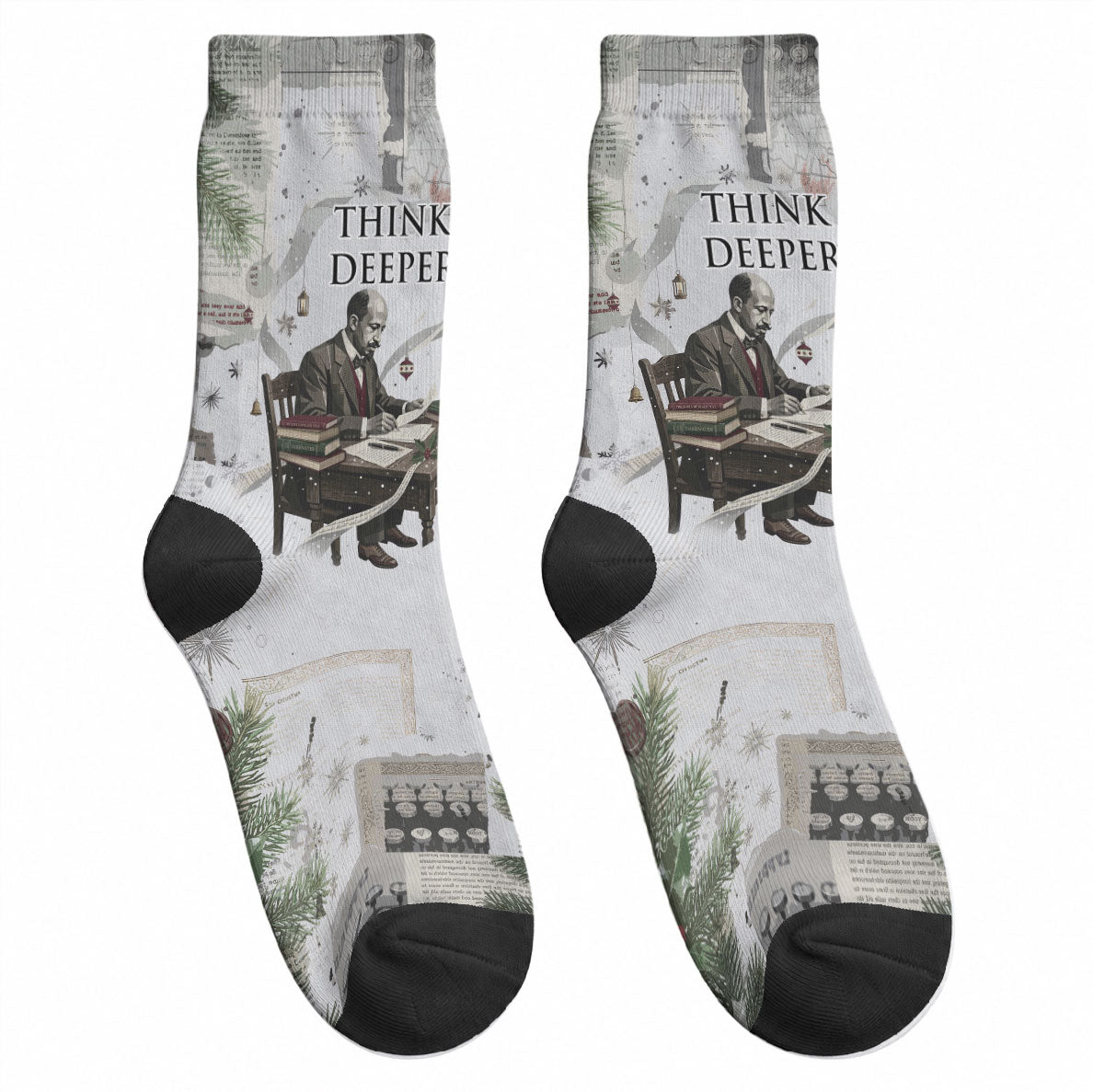 W.E.B. Du Bois Christmas Crew Socks Think Deeper Quote Vintage Portrait Newspaper Collage Festive